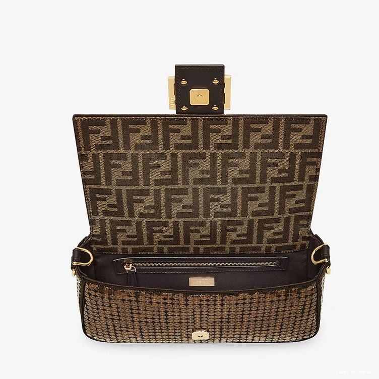 Affordable HOT Bag Sequins Fabric Baguette Motif with FF Medium Brown Fendi In 0815